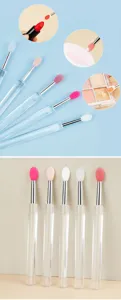 Détail pinceau à lèvres en silicone, poignée transparente, tête souple pour maquillage précis.