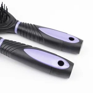 Ergonomic black and purple pet grooming brush with hanging hole for daily care