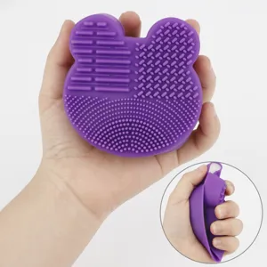 Silicone makeup brush cleaning pad with sponge, purple bear shape cosmetic tool cleaner mat.