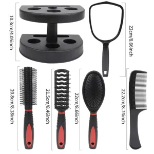 5-piece hair brush and hand mirror set with storage holder, black professional styling kit.