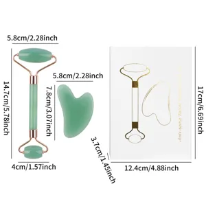 Set rullo di giada e gua sha strumento per massaggio facciale con guida alle misure