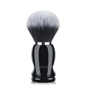 Large round makeup powder brush with black plastic handle and soft synthetic bristles.