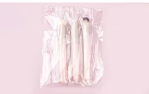 Set of three pink handle makeup brushes in transparent packaging for precise concealer and lip makeup.