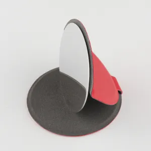 Portable folding makeup mirror with stainless steel surface, red PU leather and desktop stand.