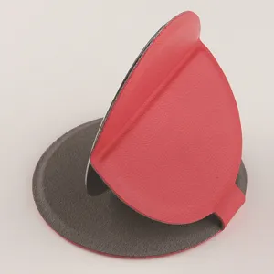 Portable folding cosmetic mirror with red leather stand and stainless steel design for desktop.