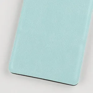 Close-up detail view of the light blue portable folding makeup mirror leather texture surface.