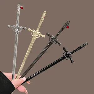 New Chinese Style Alloy Sword Hair Stick Vintage Retro Hairpin With Red Rhinestone Waterdrop Pendant For Women Hair Styling