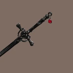 Black sword hair stick with red crystal pendant, elegant Chinese style hair ornament.