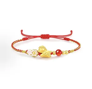 Pulsera de hilo rojo zodiaco caballo con dije de oro y cuenta de ágata roja buena suerte