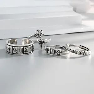 Retro Ethnic Style Mahjong Copper Open Ring For Women Vintage Thai Silver Lucky Adjustable Finger Ring Jewelry
