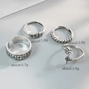 Retro Chinese Mahjong style silver adjustable open rings set fashion jewelry main image view