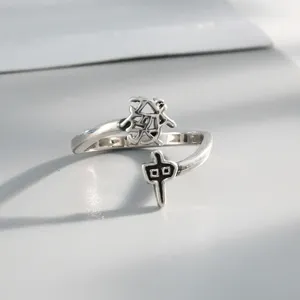 Vintage Mahjong Chinese Character Open Ring Silver Creative Fashion Jewelry Gift for Women