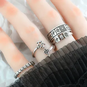 Retro Thai silver mahjong rings set for women, creative fashion vintage index finger jewelry.