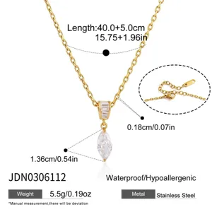 Élégant collier en acier inoxydable 18K avec pendentif zircone marquise, étanche hypoallerg.