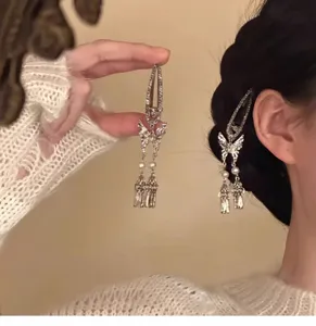 Retro rhinestone butterfly tassel hair clip, elegant side duckbill clip headwear for women
