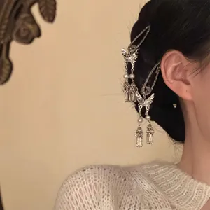 Vintage rhinestone butterfly tassel hair clip elegant side hairpin for women hair styling