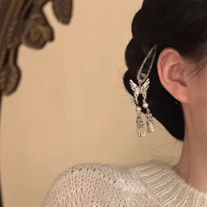 Retro rhinestone butterfly tassel hair clip for women side bangs duckbill hairpin headwear