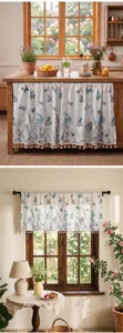 American pastoral style short curtain with blue butterfly print and cute tassel hem for home decor.