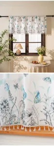 American pastoral cafe curtain with fresh blue butterfly and floral print, short window valance.