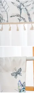 Charming botanical butterfly print cafe curtain detail, featuring elegant bottom tassels and soft fabric.