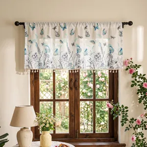 American pastoral coffee curtain with blue butterfly botanical print and chic tassel trim design
