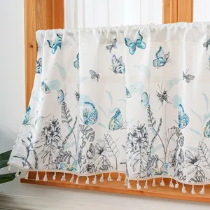 American pastoral style short curtain with blue butterfly and floral prints, kitchen cafe curtain.