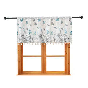 American country style cafe curtain with blue butterfly and floral print short valance for home.