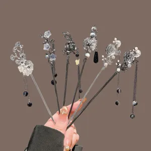 New Chinese Style Vintage Ink Rose Flower Tassel Hair Stick Alloy Rhinestone Artificial Pearl Hair Pin for Women Hanfu