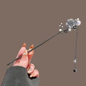 Chic black rose hair stick with pearl tassel elegant Chinese style hair pin for women