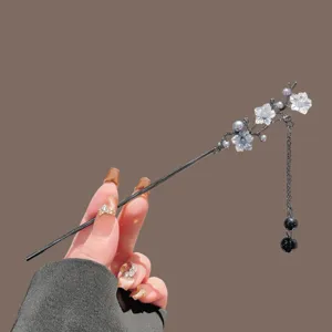 New Chinese antique black metal hairpin with white resin flowers and pearl tassel.