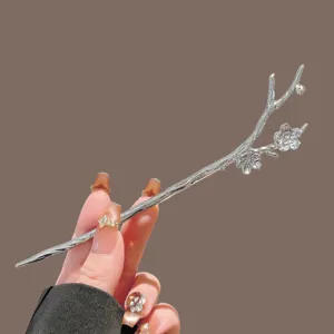 Silver metallic hair stick minimalist floral branch hairpin for modern and ancient Hanfu bun