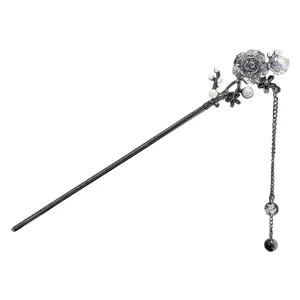 Chinese style vintage black metal hair stick with floral pearls and tassel dangling chain.