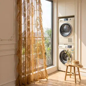 Rideau en tulle brodé doré vintage élégant voilage floral pour salon et chambre à coucher
