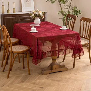 French vintage red lace tablecloth with floral hollow design and elegant ruffle edge for table