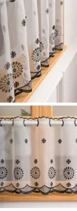 American vintage sheer half curtain with black gold embroidery, nordic short kitchen window drape.