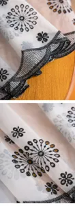 Detail view of American vintage white sheer cafe curtain featuring elegant black embroidery lace.