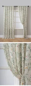 Pastoral style linen curtain featuring floral and leaf print with delicate tassel edge decor.