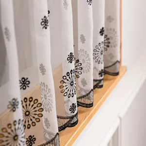 White sheer cafe curtain with black gold embroidery, short window drape for kitchen home decor.