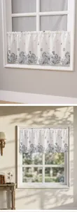 Vintage floral cafe curtain detail showing blue butterfly print on white fabric for home window decor.