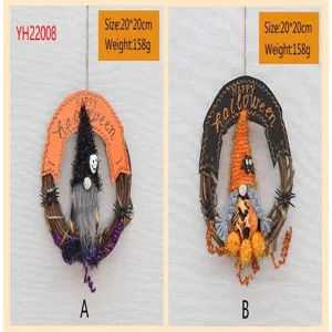 Halloween hanging wreath with faceless gnome spider decoration, holiday door wall decor.