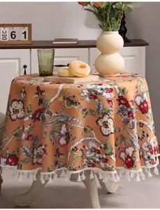 American style round tablecloth with floral print and fringe, perfect for home dining table decor.