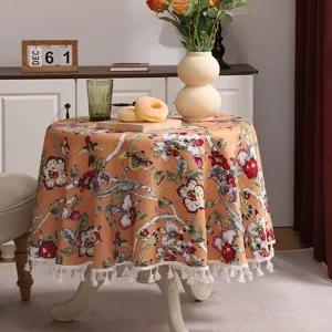 American style vintage floral round tablecloth with tassel edge for dining table decor.