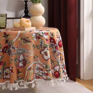 Vintage floral bird print round tablecloth with white tassels for luxury home dining table decor.