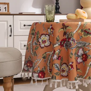 American vintage floral tablecloth with tassel trim, orange round table cover for home decor.