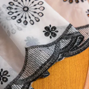 American vintage sheer half curtain with black floral embroidery for kitchen window decor main view