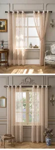 Französischer Vintage Creme Vorhang Detail mit zarter Textur und schöner Lichtfilterung.