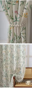 Pastoral leaf flower print slub linen curtain detail view, elegant home decor fabric.