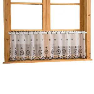 White sheer cafe curtain short window drape with black floral embroidery for kitchen and home.