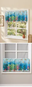 Detailed view of ocean themed short cafe curtain with fish and coral prints, home decor.