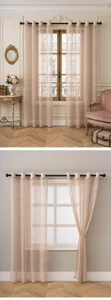 Französischer Vintage-Stil transparenter Vorhang Detail, cremefarbener Stoff Naheinstellung.